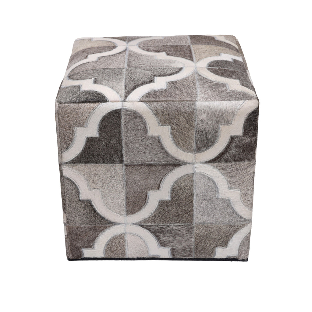 Handmade Quatrefoil Cowhide Leather Ottoman Pouf 18x18 Neutral Cube