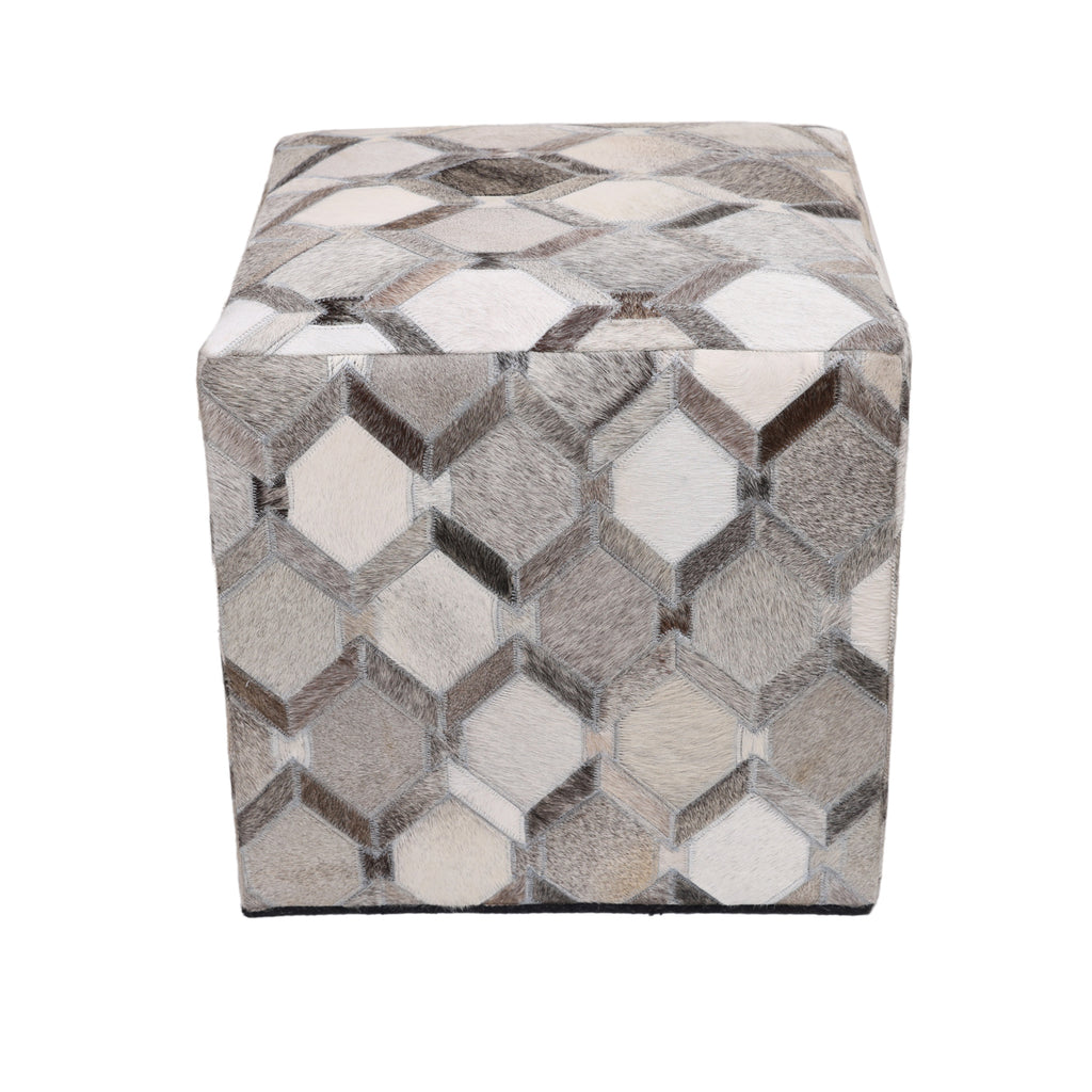 Handmade Diamond Patchwork Cowhide Leather Ottoman Pouf 18x18 Neutral