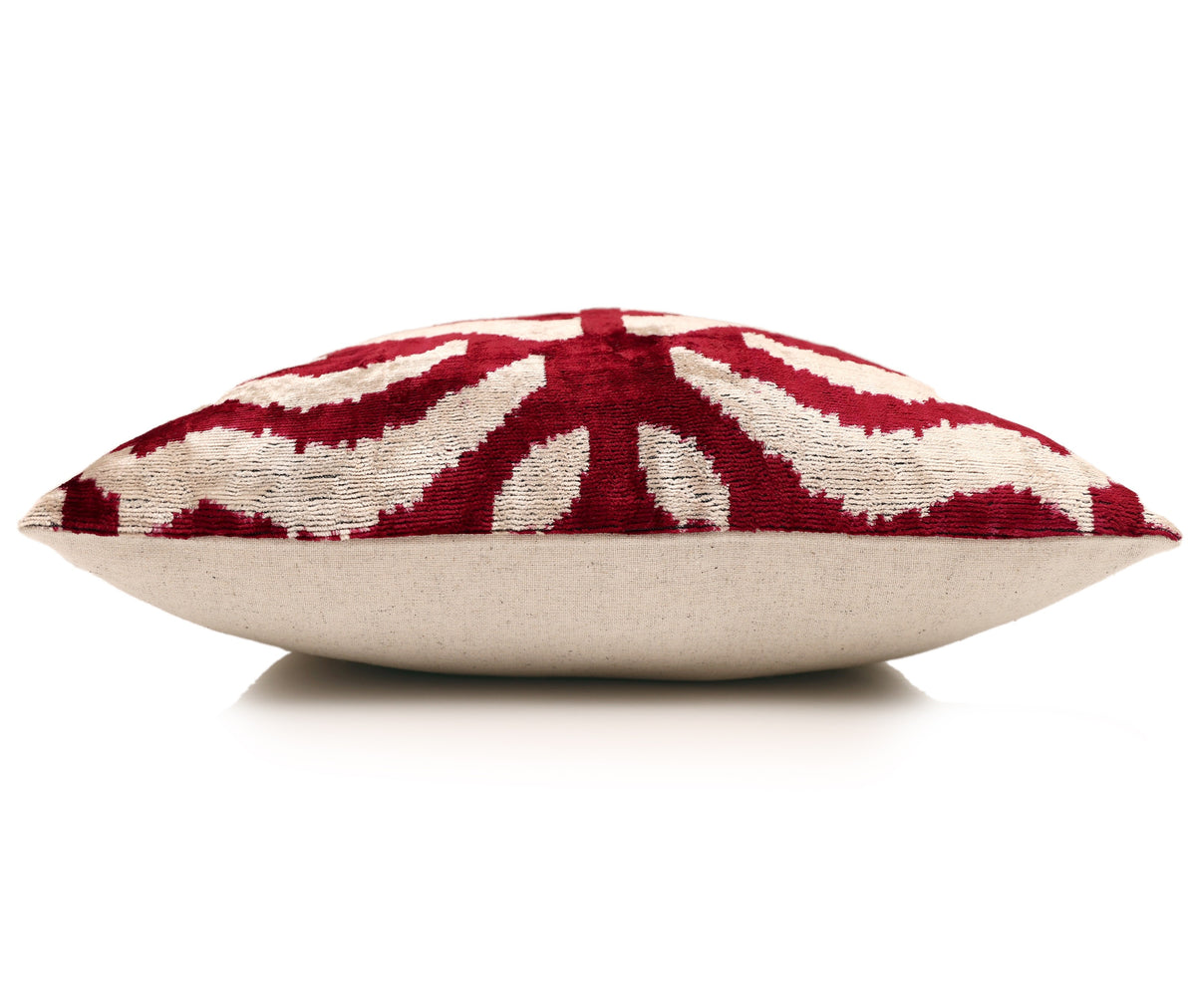 Hand-Knotted Silk Velvet Ikat Pillow - 16x16 Crimson & Champagne Heritage