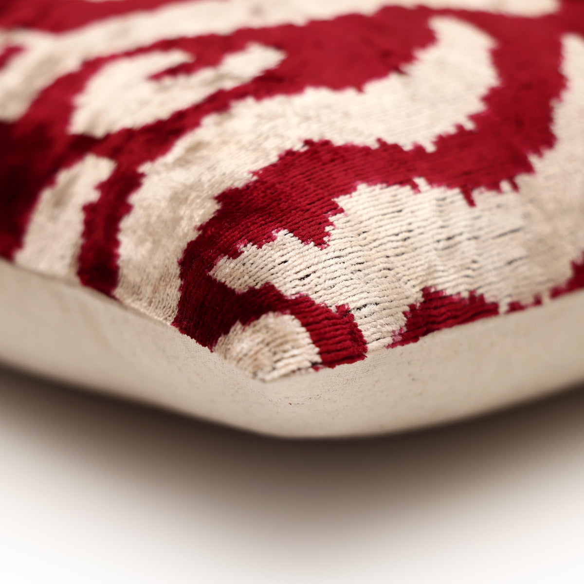 Hand-Knotted Silk Velvet Ikat Pillow - 16x16 Crimson & Champagne Heritage
