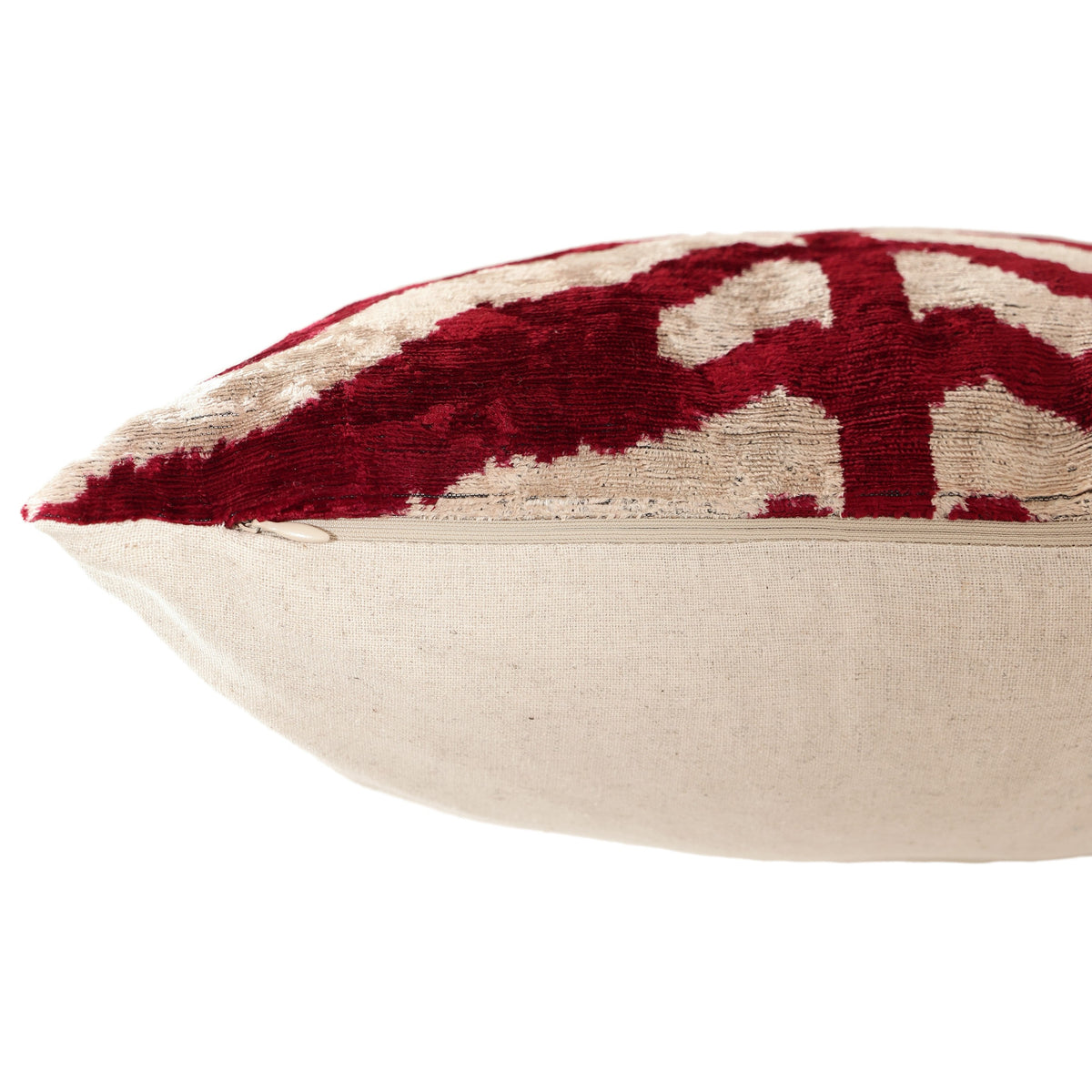Hand-Knotted Silk Velvet Ikat Pillow - 16x16 Crimson & Champagne Heritage