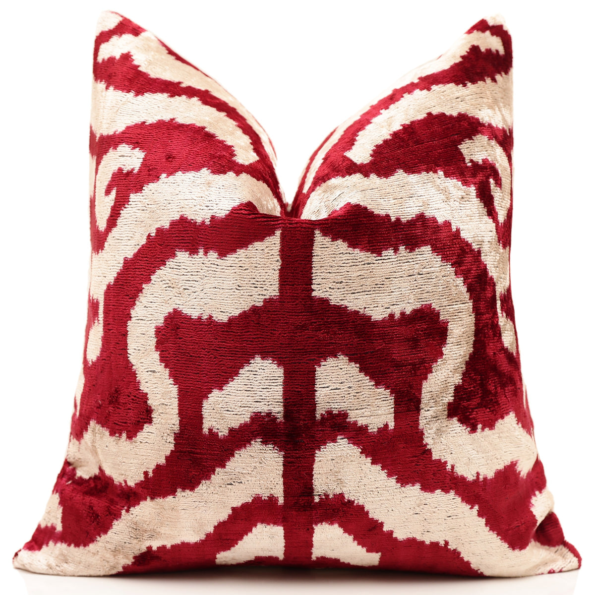 Hand-Knotted Silk Velvet Ikat Pillow - 16x16 Crimson & Champagne Heritage