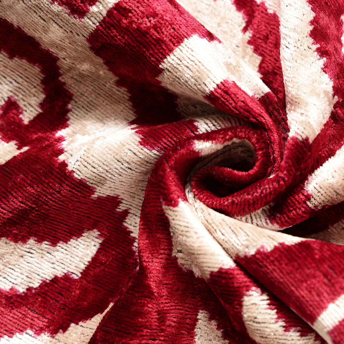 Hand-Knotted Silk Velvet Ikat Pillow - 16x16 Crimson & Champagne Heritage