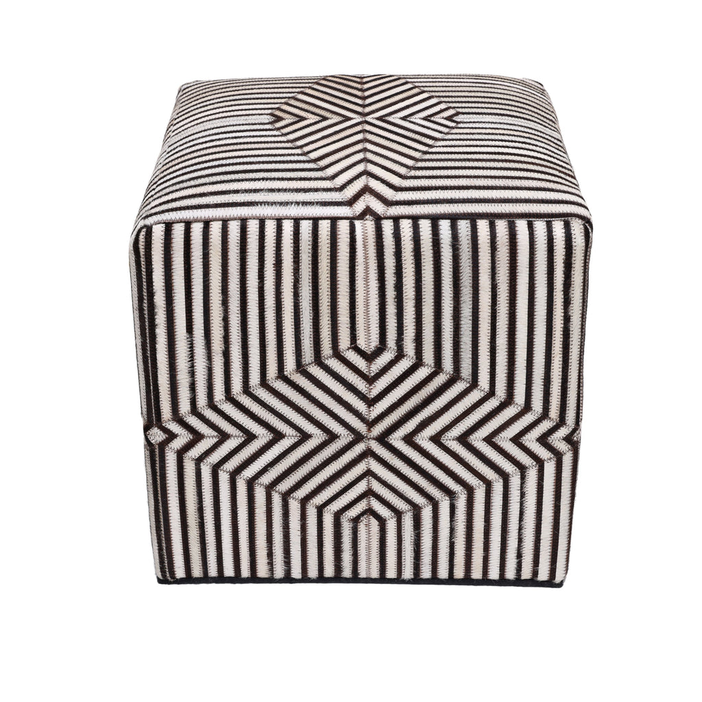 Handmade Beige Brown Geometric Cowhide Leather Ottoman Pouf 18x18