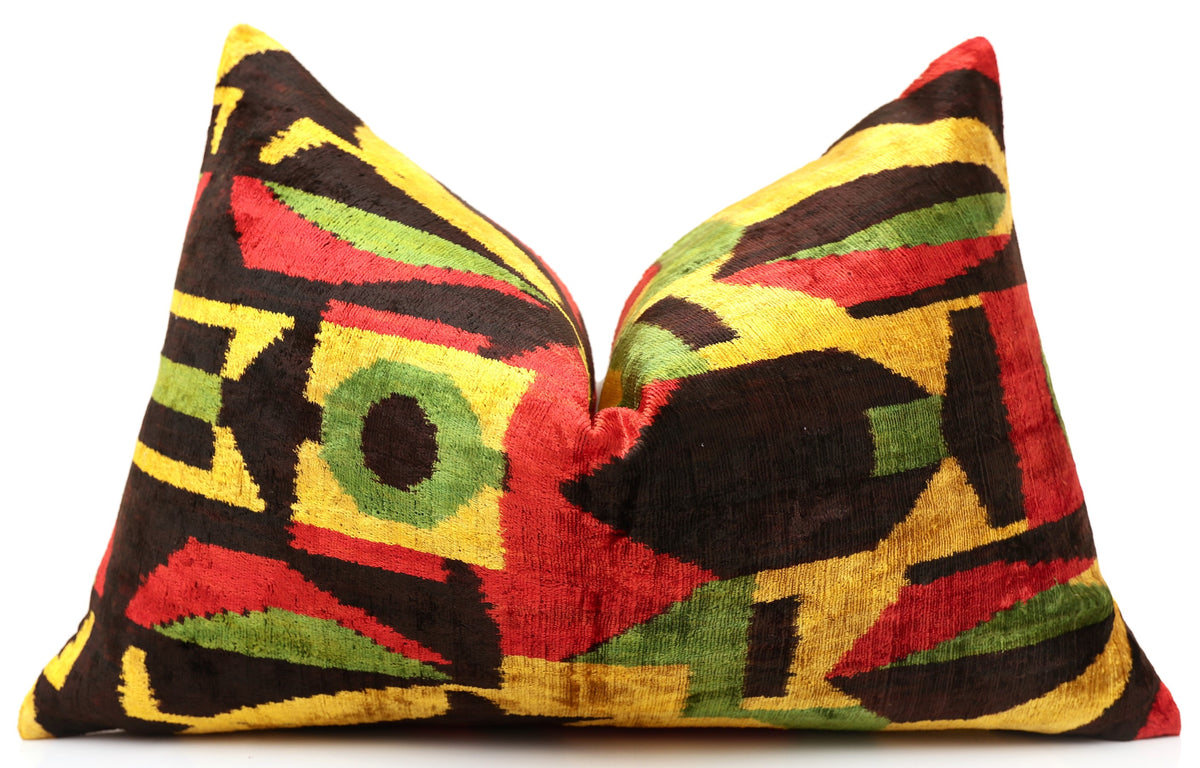 Handmade Velvet Ikat Lumbar Pillow 16x24 | Multicolor Geometric