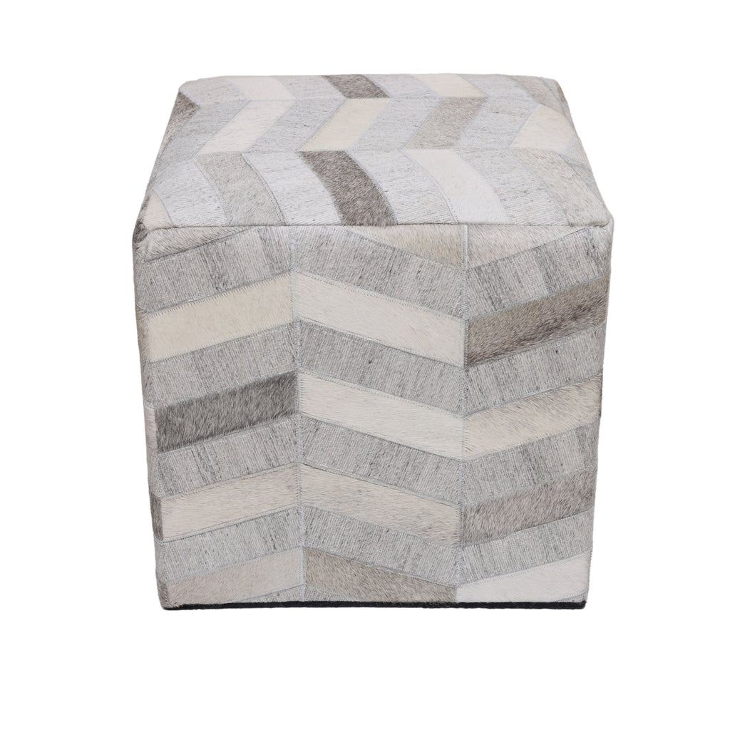 Handmade Patchwork Cowhide Leather Cube Ottoman Pouf 18x18 Neutral