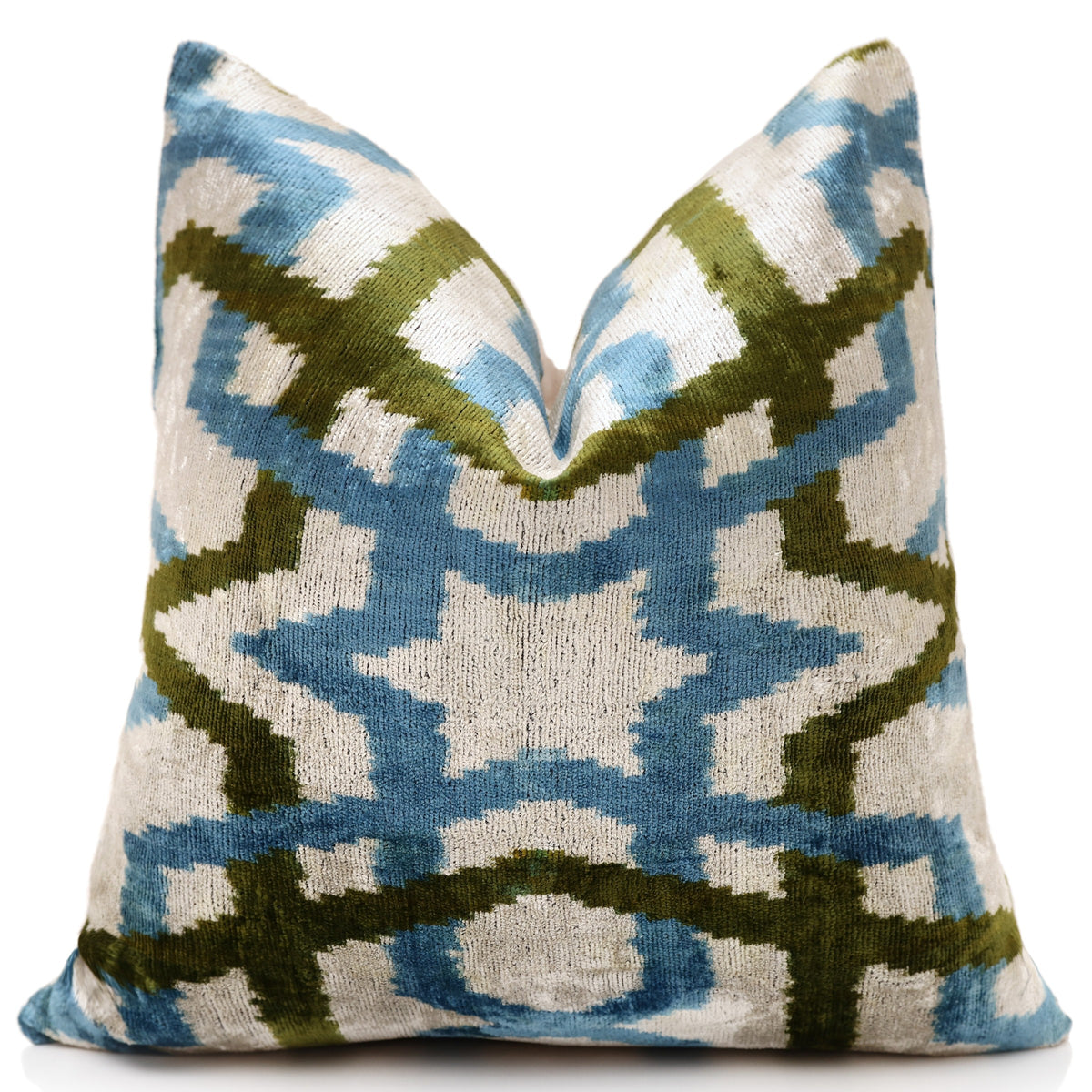 Hand-Knotted Silk Velvet Ikat Pillow - 16x16 Azure & Olive Star Lattice