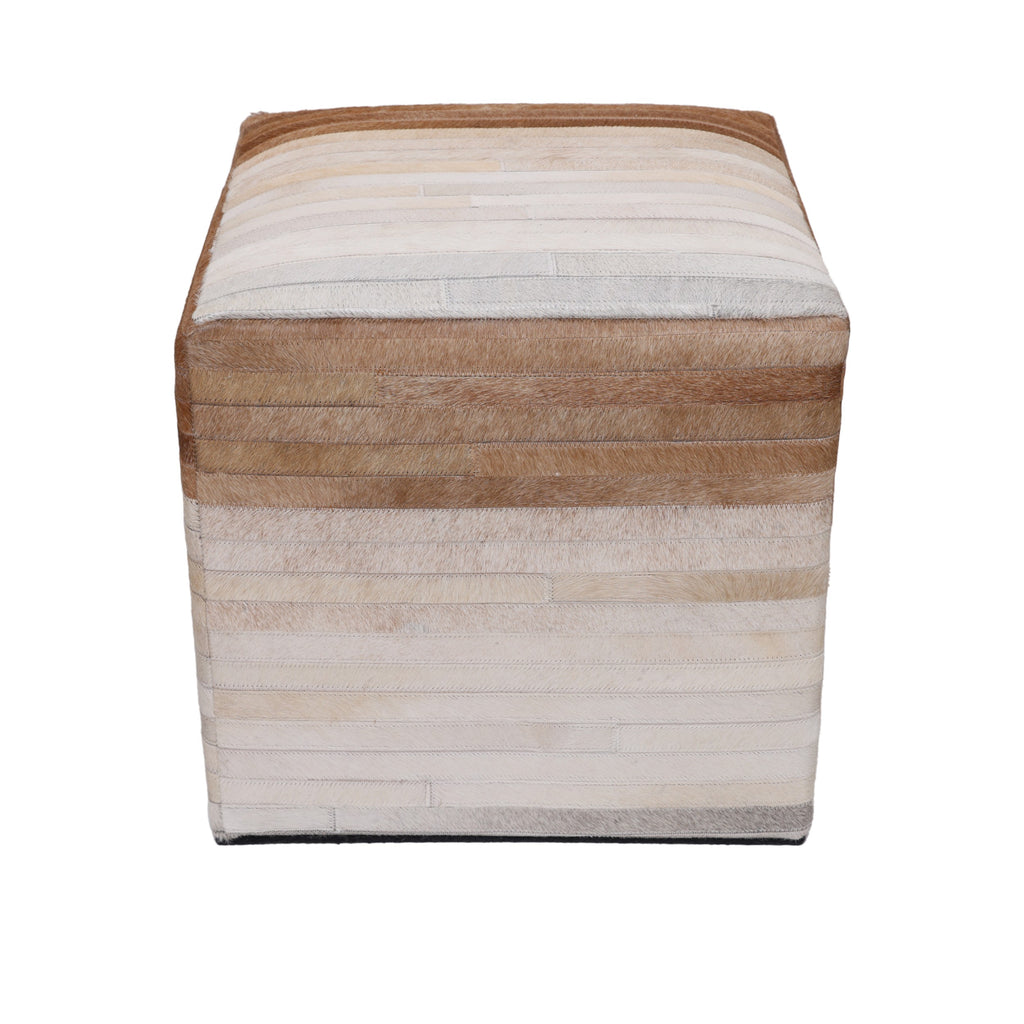Handmade Cowhide Leather Ombre Ottoman Pouf 18x18 Gradient Beige Brown