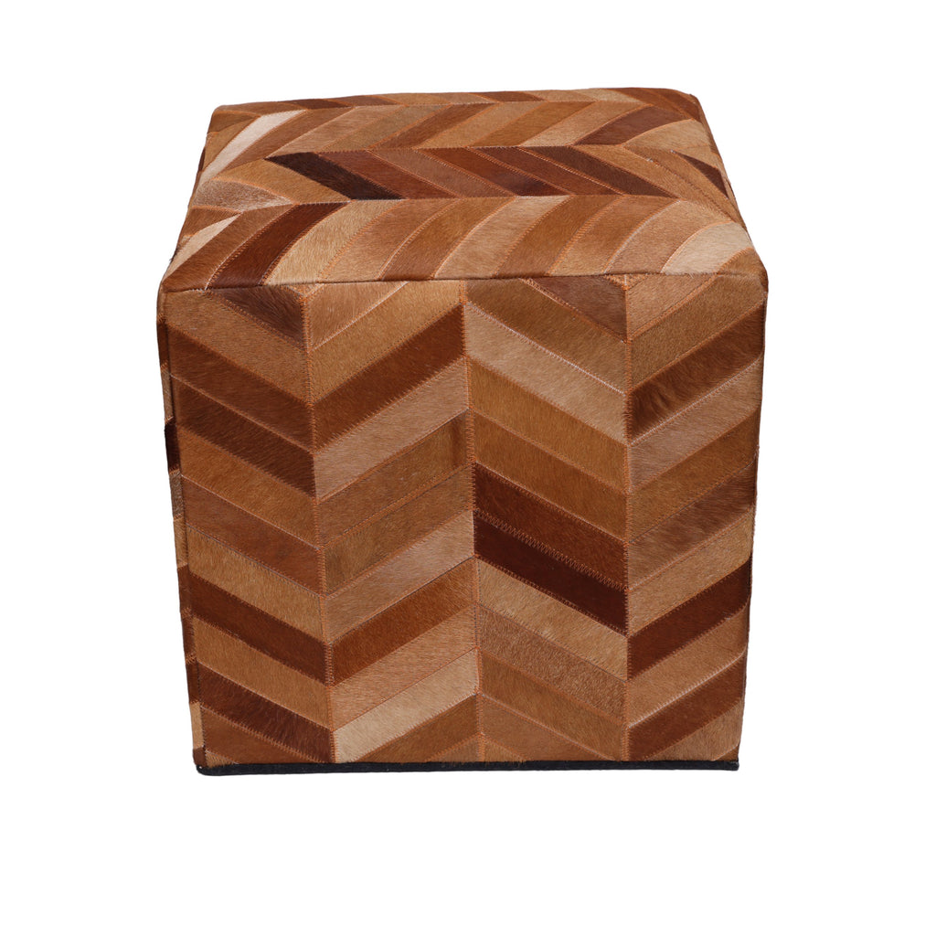 Handmade Tan Chevron Cowhide Leather Ottoman Pouf 18x18 Warm Cube