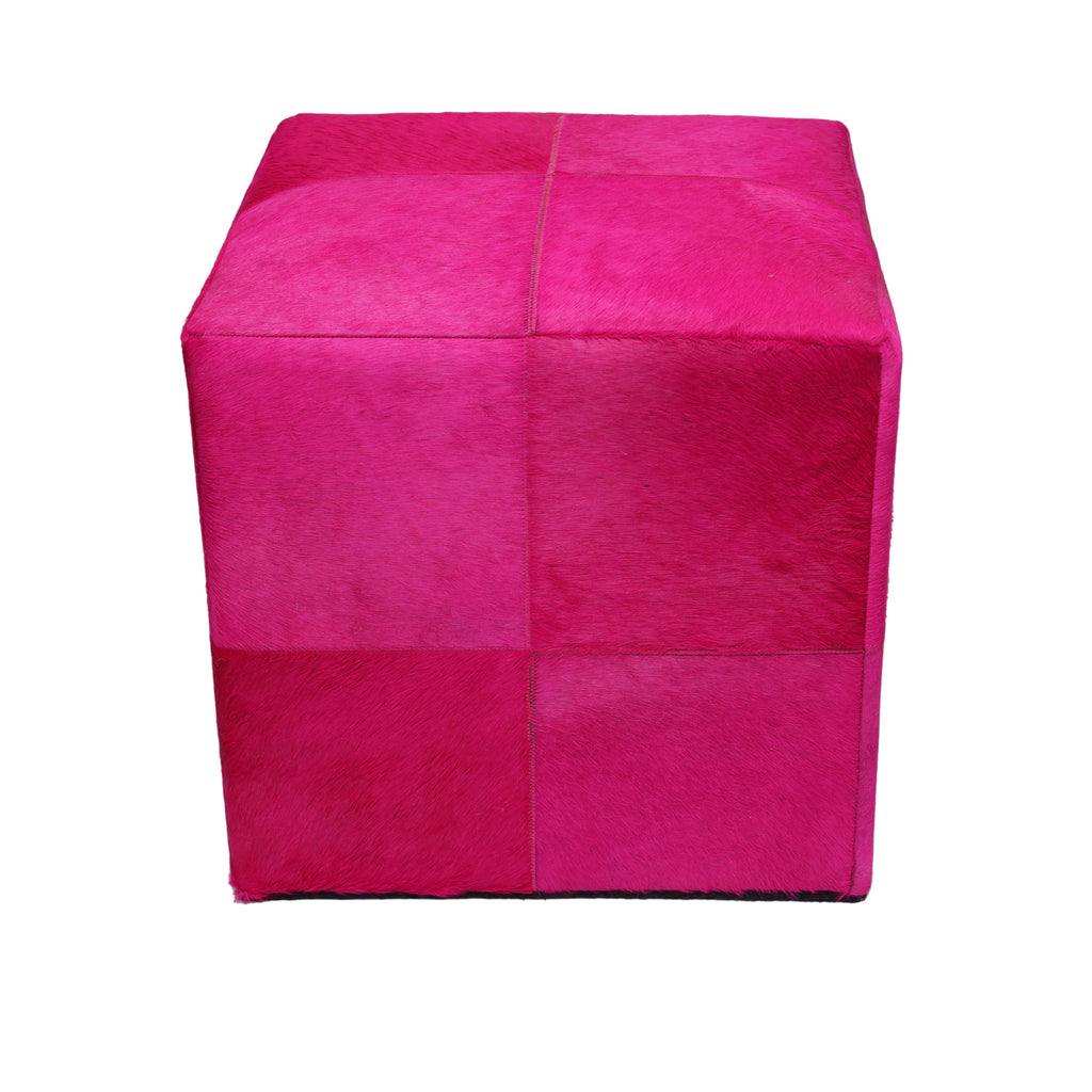 Handmade Fuchsia Cowhide Leather Ottoman Pouf 18x18 Statement Cube