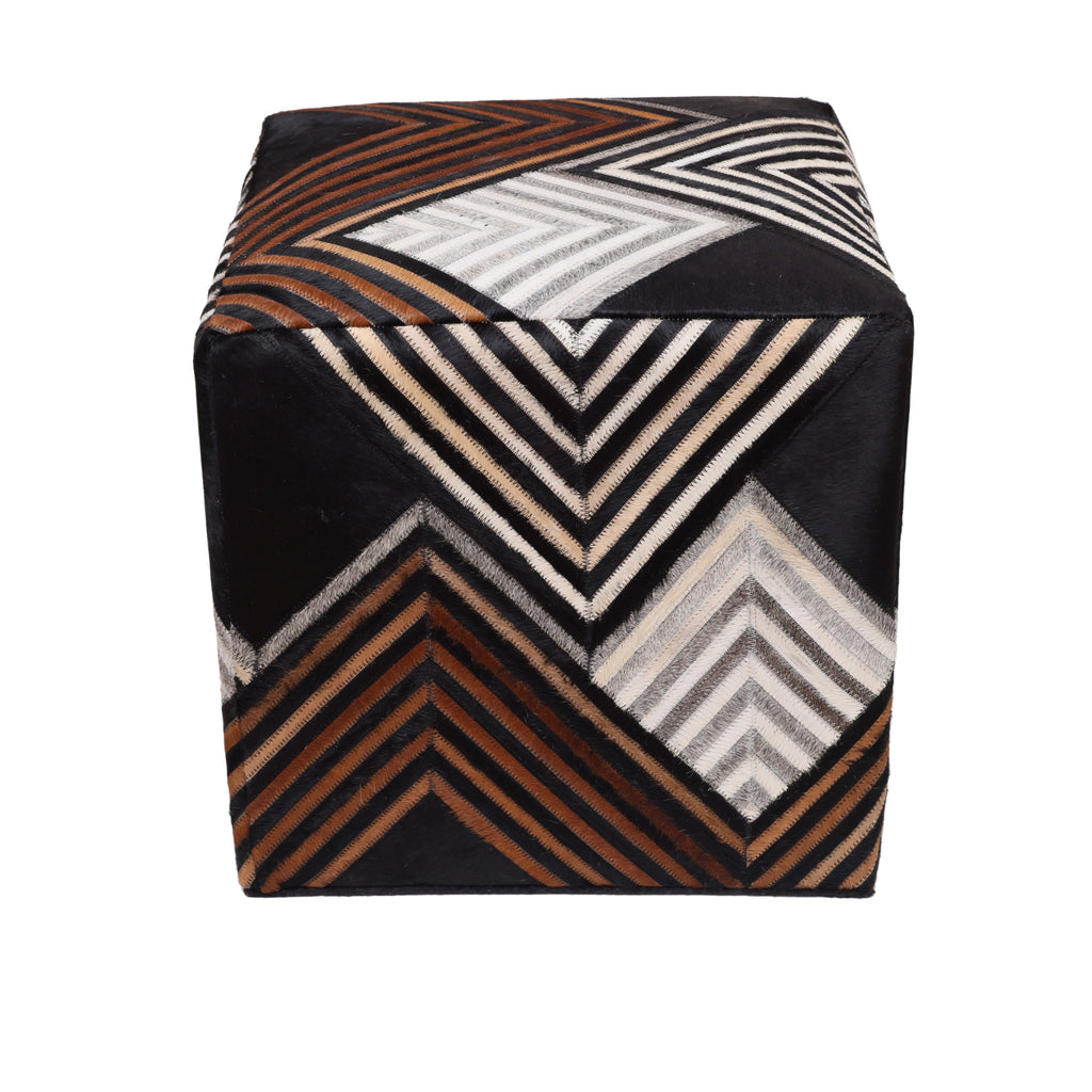 Handmade Chevron Cowhide Leather Ottoman Pouf 18x18 Graphic Statement