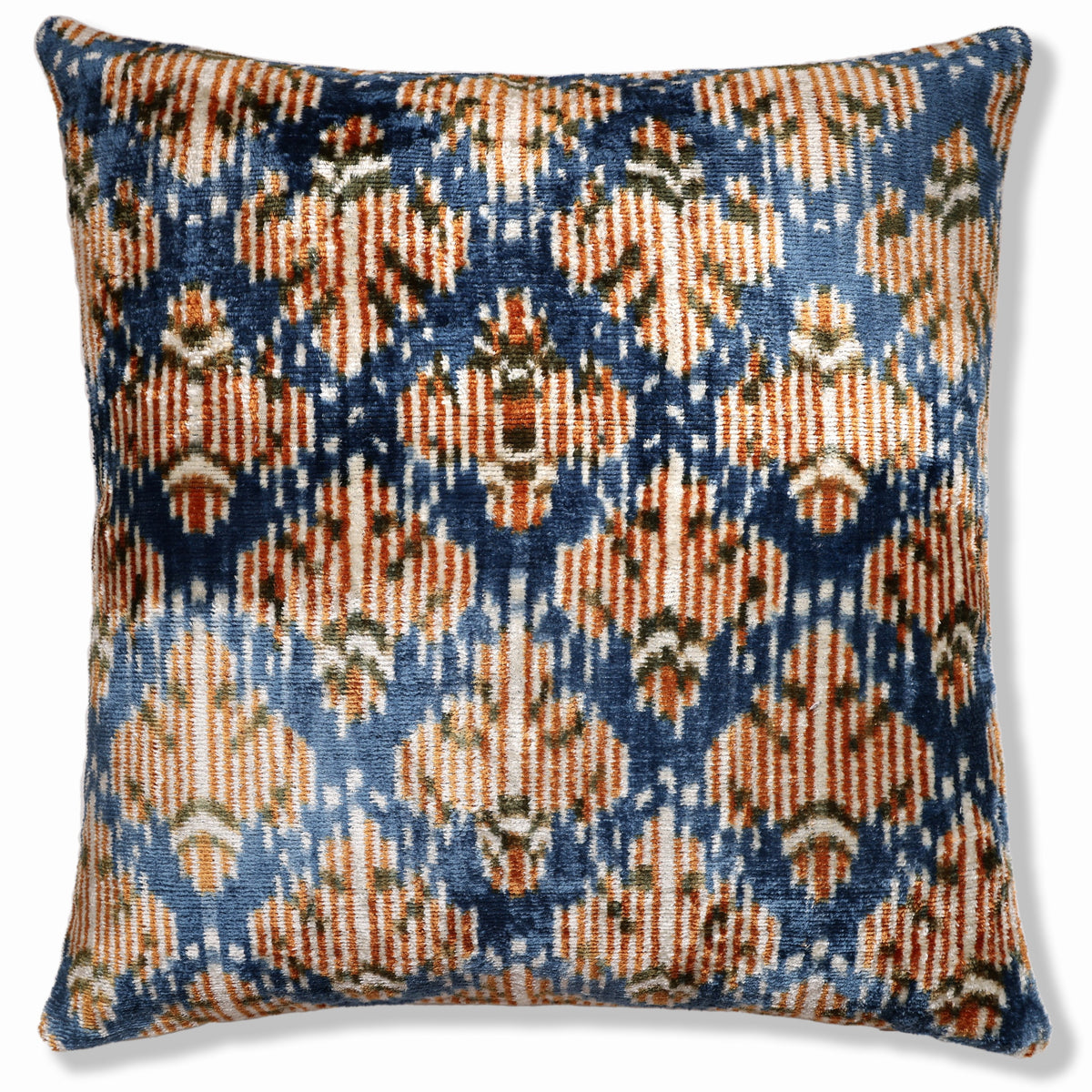 Blue Ikat Silk Velvet Pillow 20x20 | Handmade Designer Accent Cushion