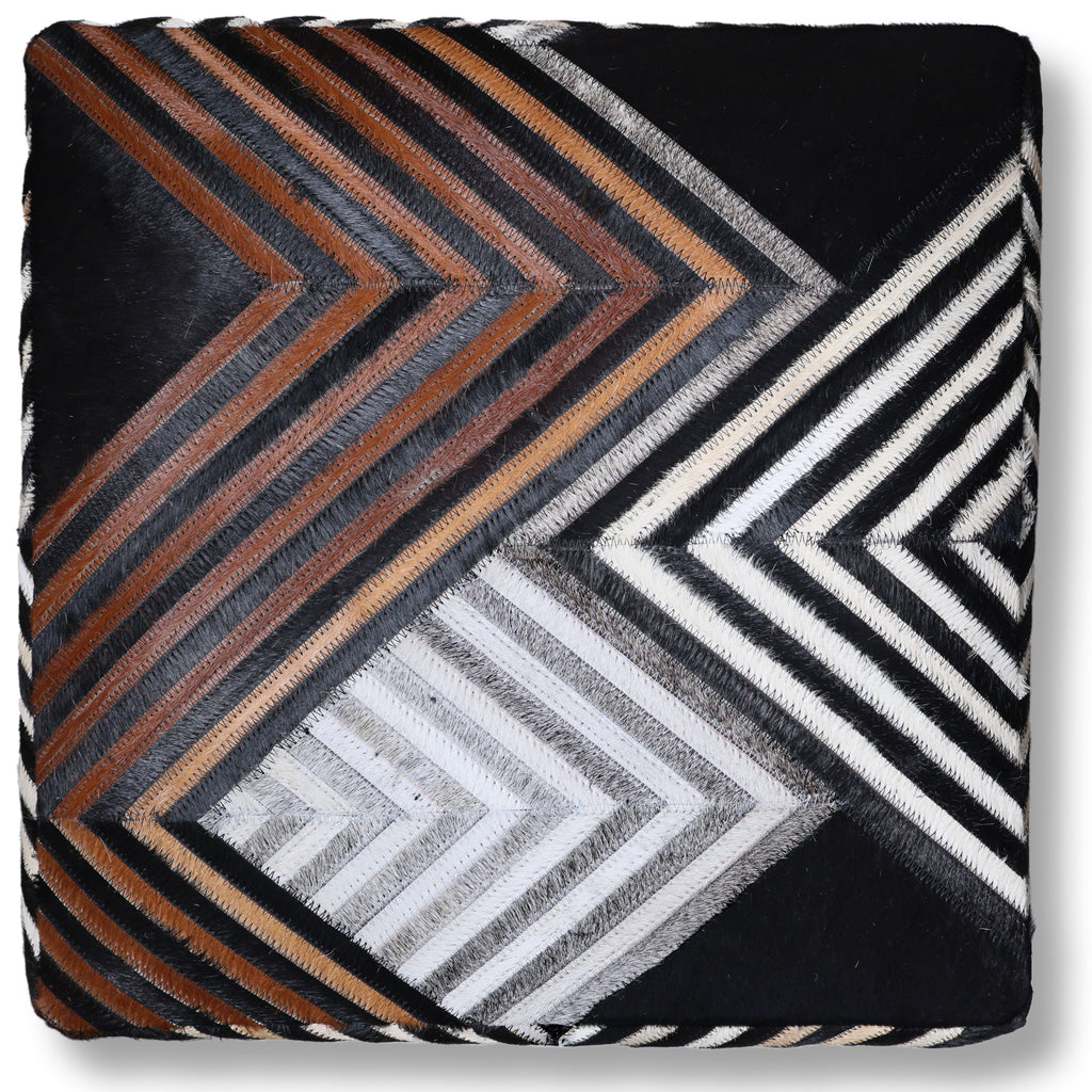 Handmade Chevron Cowhide Leather Ottoman Pouf 18x18 Graphic Statement