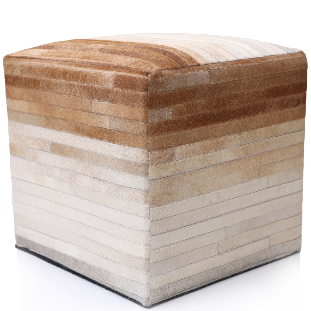 Cube-shaped ottoman with layered wood effect on a white background