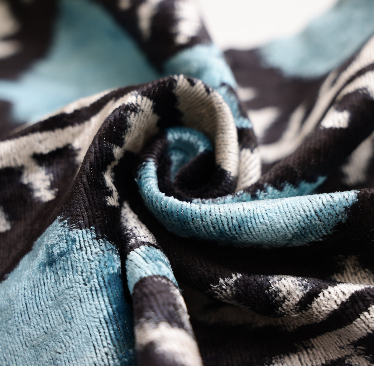 Handmade Aqua Blue Ikat Velvet Lumbar Pillow 16x24 | Soft Turquoise & Black Abstract