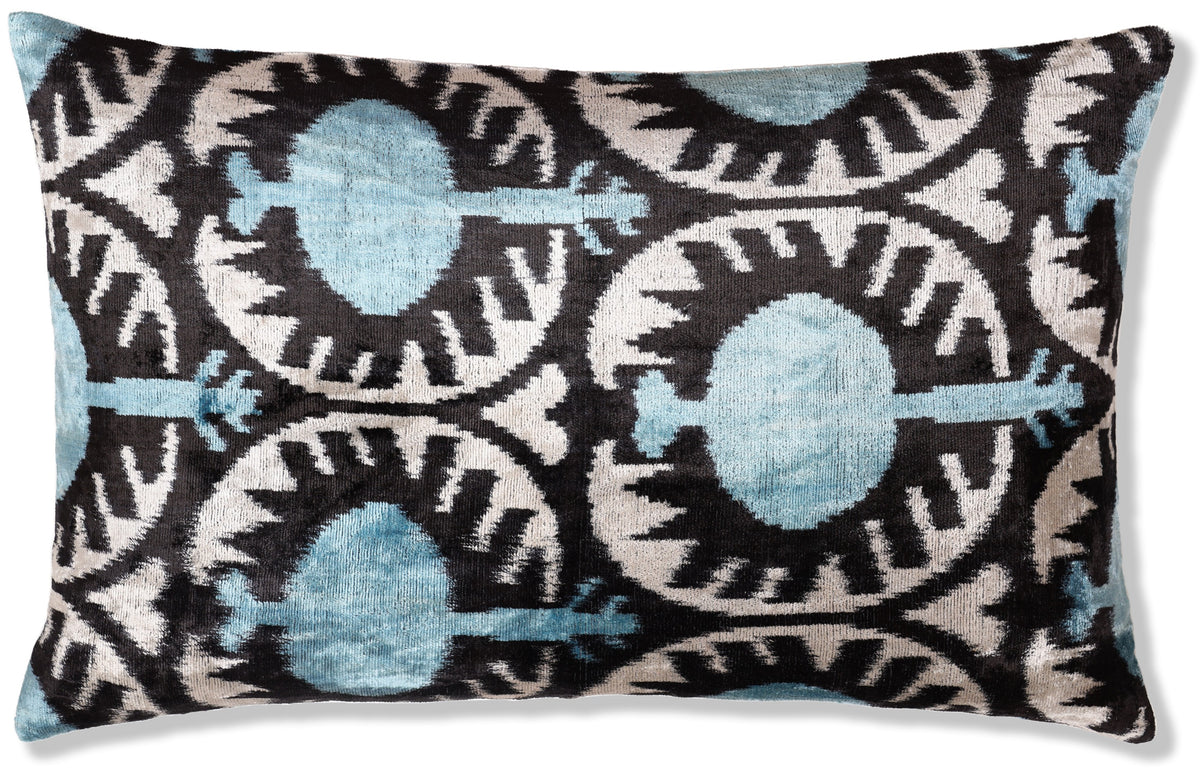 Handmade Aqua Blue Ikat Velvet Lumbar Pillow 16x24 | Soft Turquoise & Black Abstract