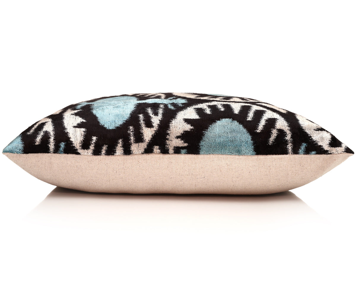 Handmade Aqua Blue Ikat Velvet Lumbar Pillow 16x24 | Soft Turquoise & Black Abstract