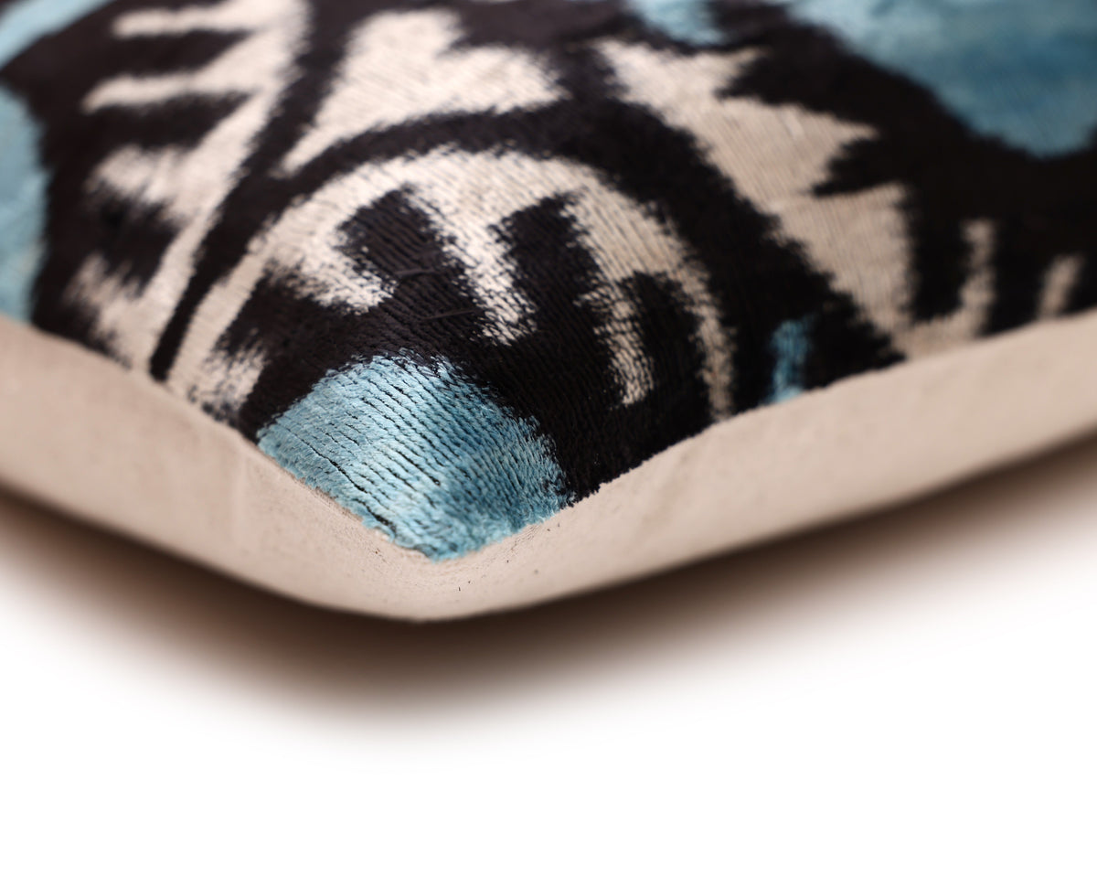 Handmade Aqua Blue Ikat Velvet Lumbar Pillow 16x24 | Soft Turquoise & Black Abstract