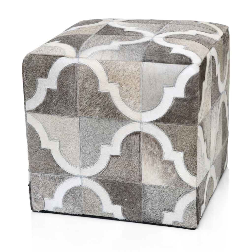 Handmade Quatrefoil Cowhide Leather Ottoman Pouf 18x18 Neutral Cube