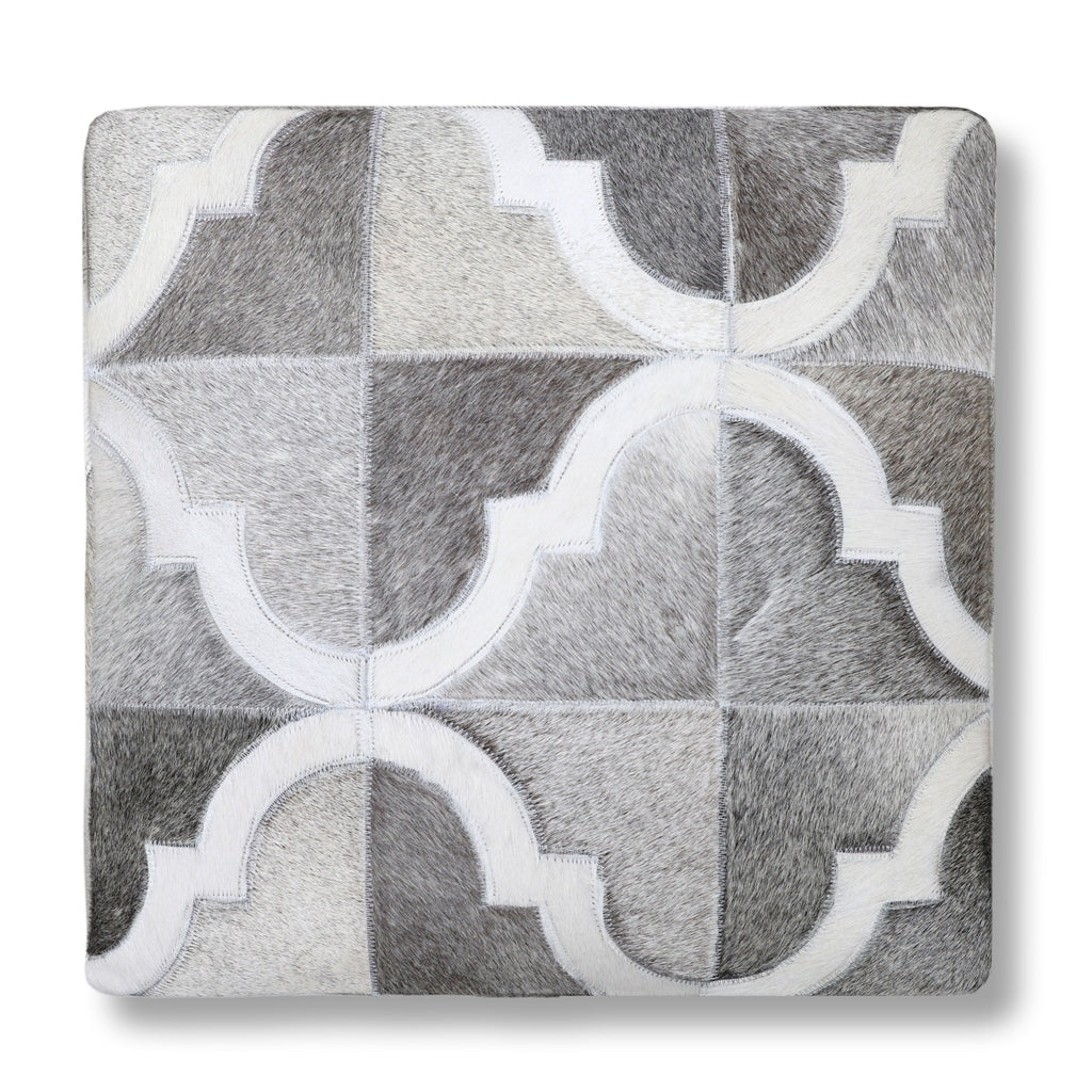 Handmade Quatrefoil Cowhide Leather Ottoman Pouf 18x18 Neutral Cube