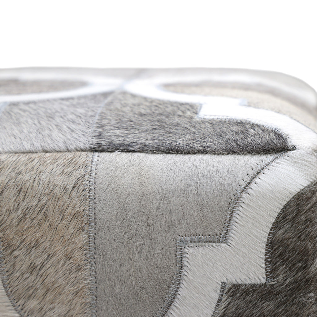 Handmade Quatrefoil Cowhide Leather Ottoman Pouf 18x18 Neutral Cube
