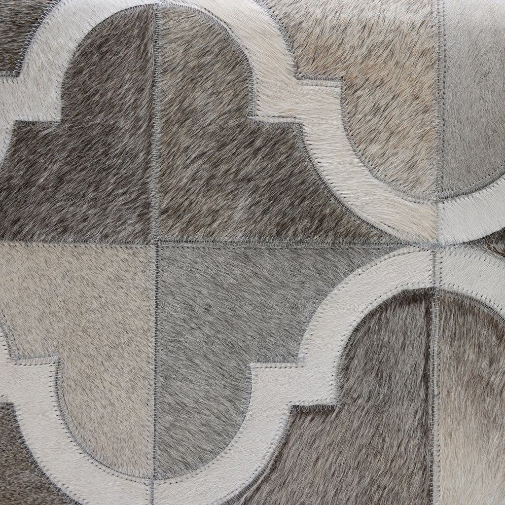 Handmade Quatrefoil Cowhide Leather Ottoman Pouf 18x18 Neutral Cube