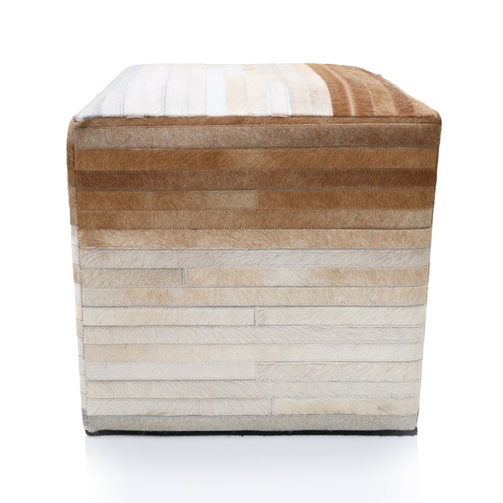 Handmade Cowhide Leather Ombre Ottoman Pouf 18x18 Gradient Beige Brown
