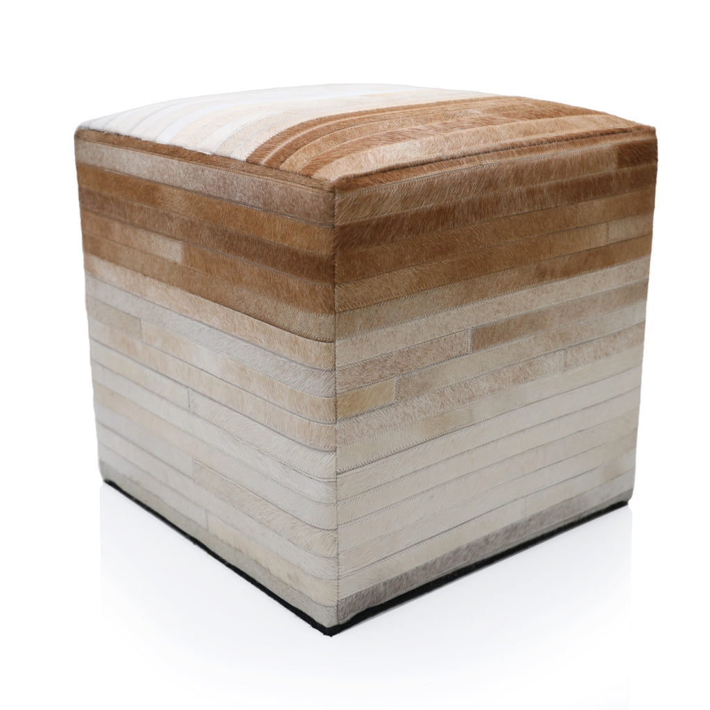 Handmade Cowhide Leather Ombre Ottoman Pouf 18x18 Gradient Beige Brown