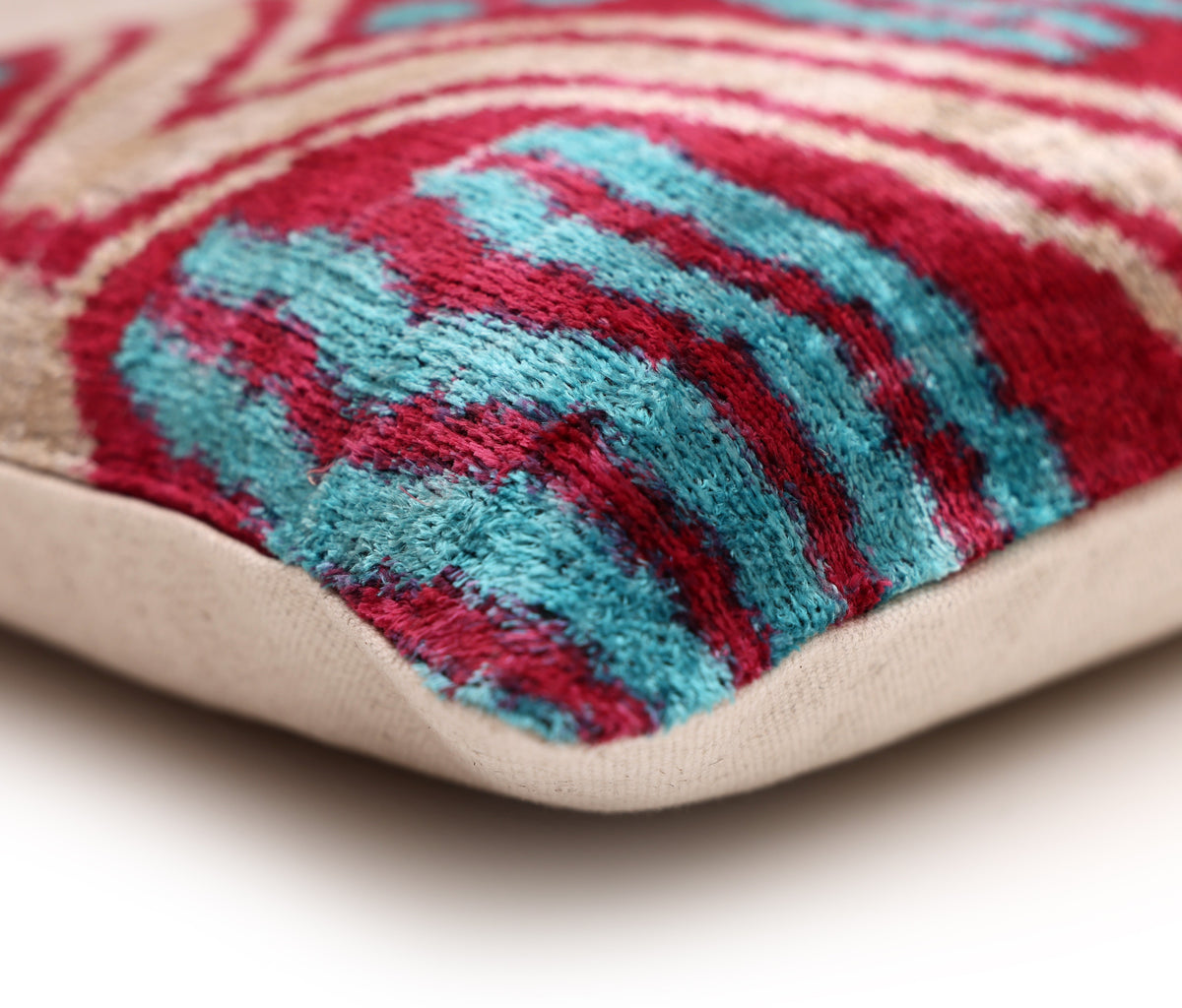 Handmade Red & Turquoise Ikat Velvet Lumbar Pillow 16x24 | Bold Artisan Statement