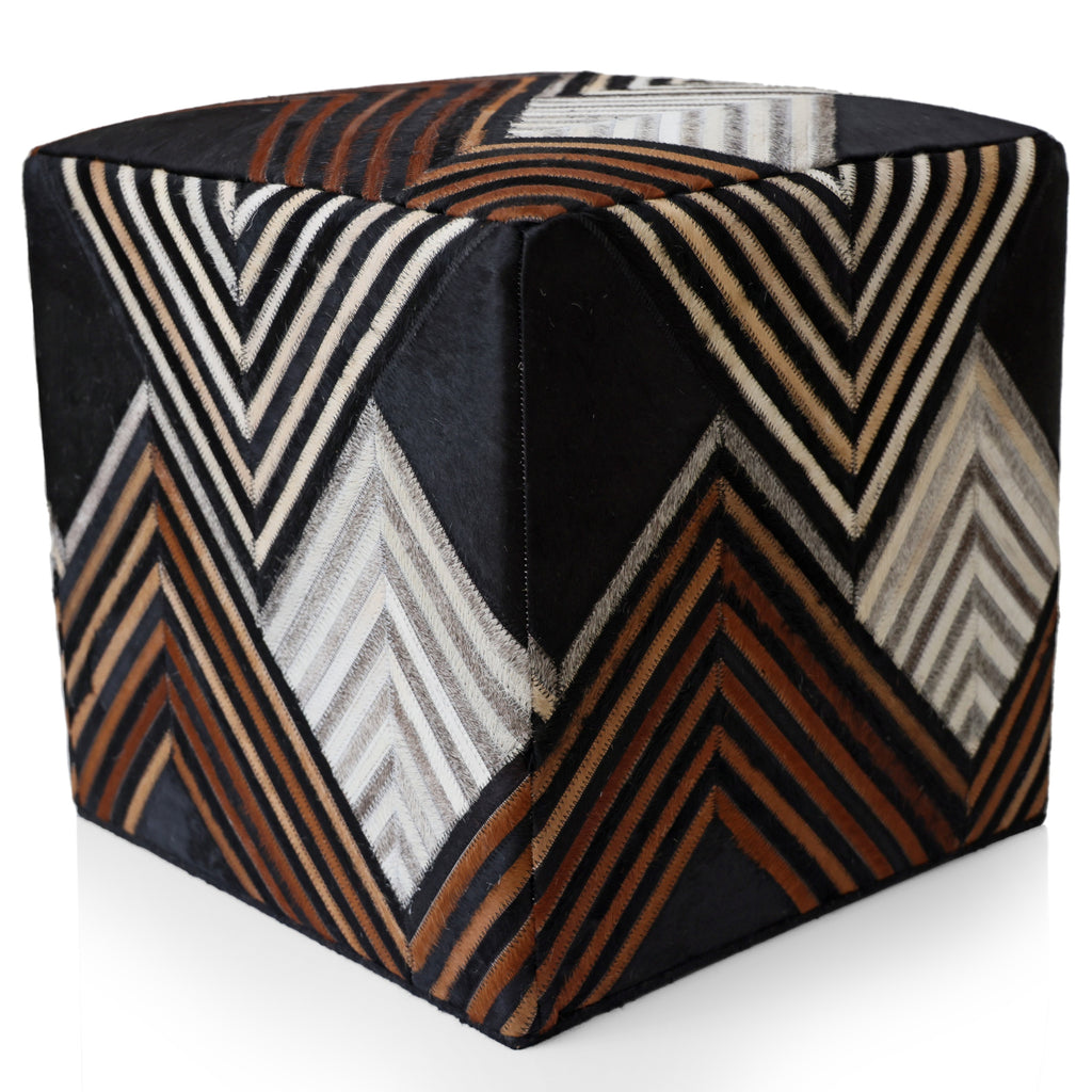 Handmade Chevron Cowhide Leather Ottoman Pouf 18x18 Graphic Statement