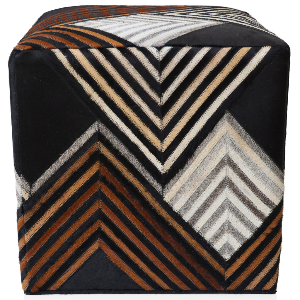 Handmade Chevron Cowhide Leather Ottoman Pouf 18x18 Graphic Statement