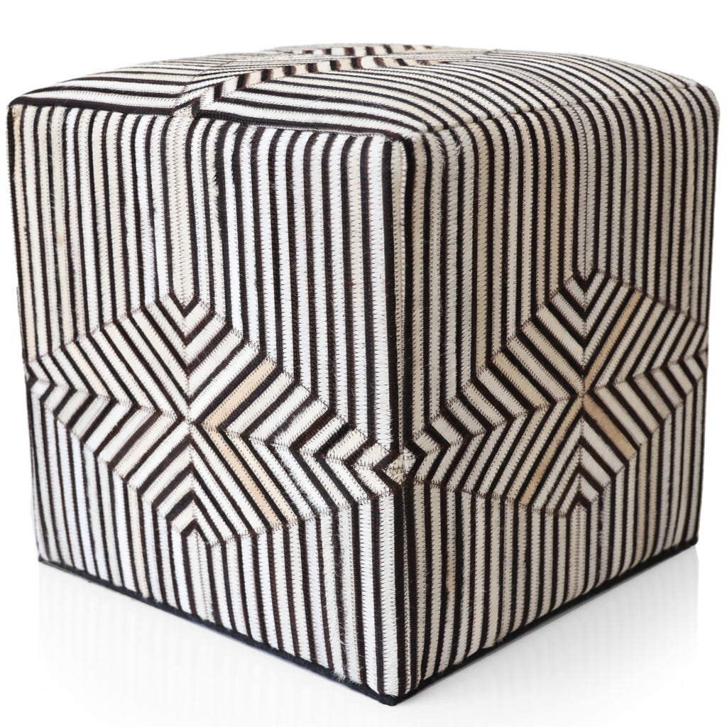 Handmade Beige Brown Geometric Cowhide Leather Ottoman Pouf 18x18