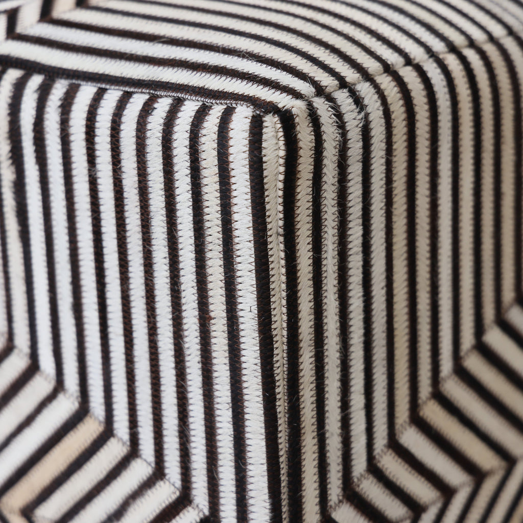 Handmade Beige Brown Geometric Cowhide Leather Ottoman Pouf 18x18