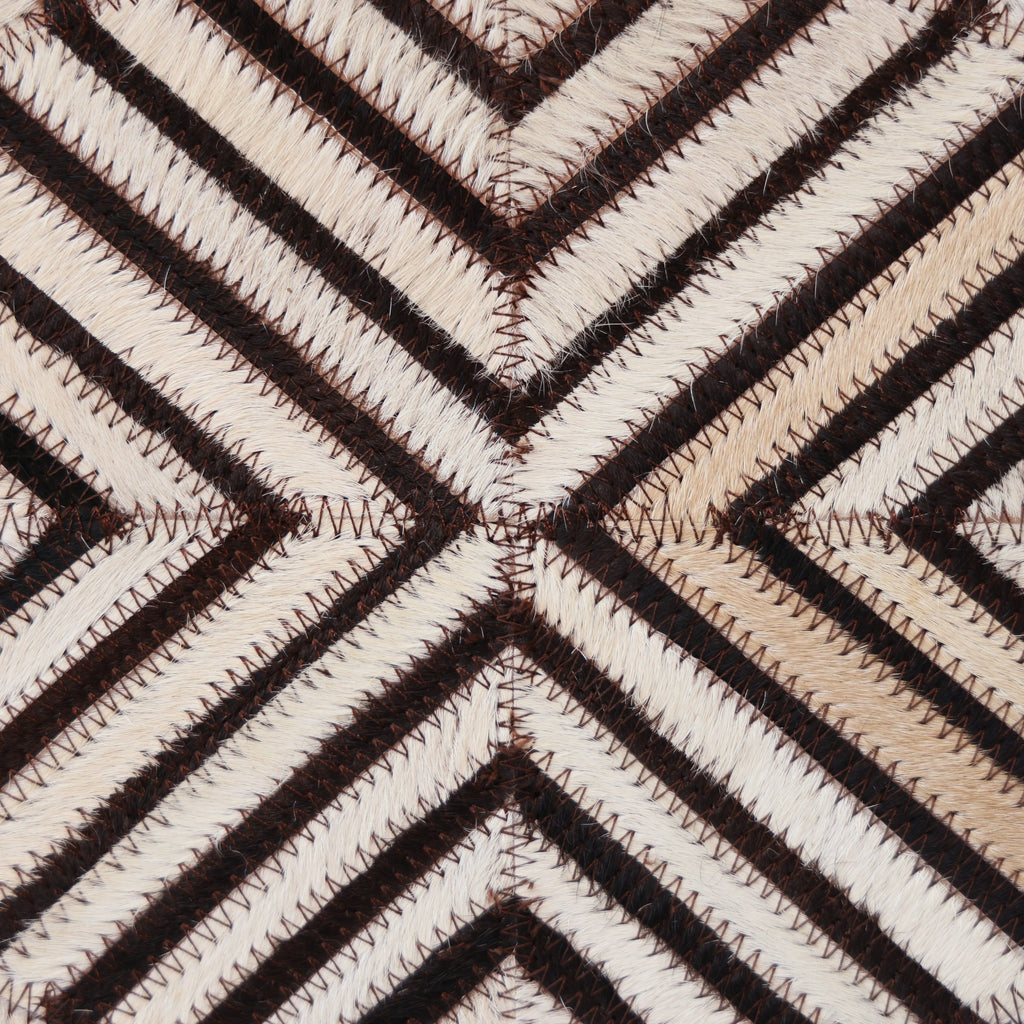 Handmade Beige Brown Geometric Cowhide Leather Ottoman Pouf 18x18