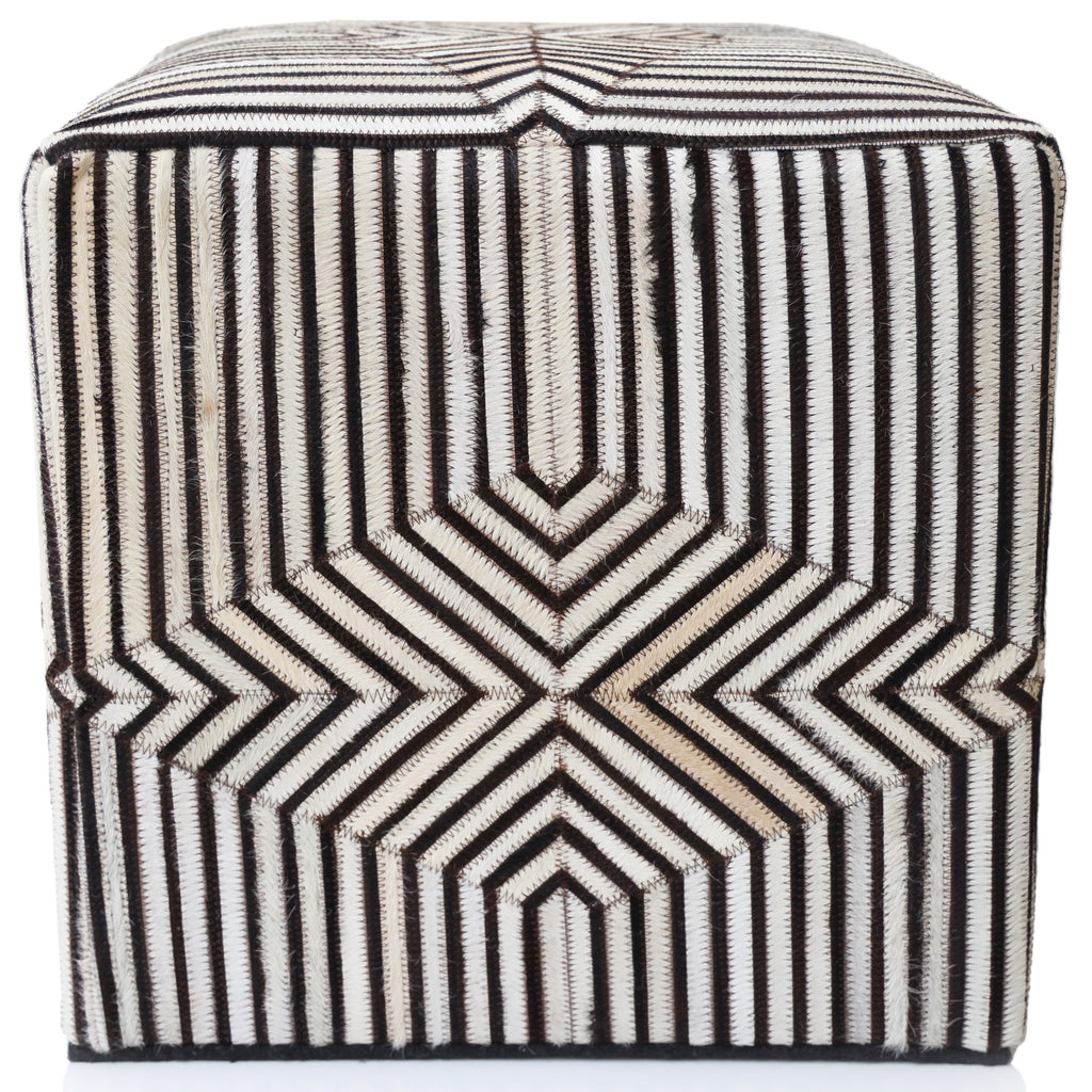 Handmade Beige Brown Geometric Cowhide Leather Ottoman Pouf 18x18