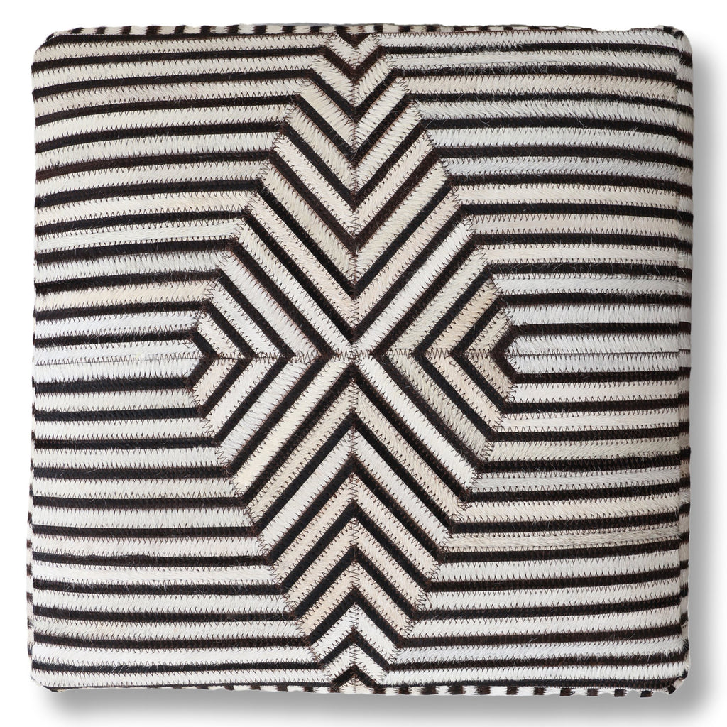 Handmade Beige Brown Geometric Cowhide Leather Ottoman Pouf 18x18