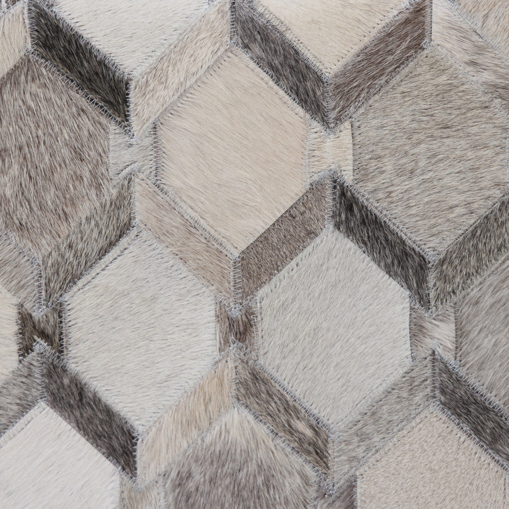 Handmade Diamond Patchwork Cowhide Leather Ottoman Pouf 18x18 Neutral