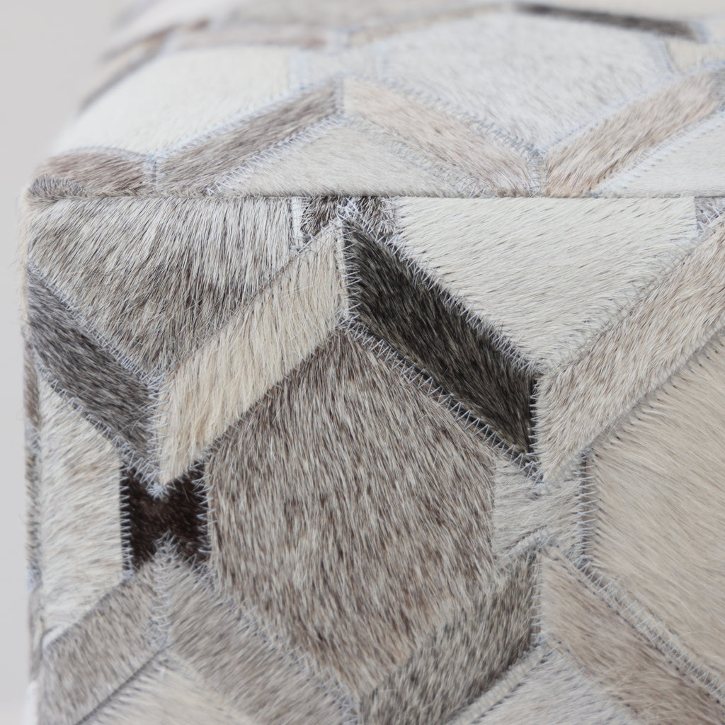 Handmade Diamond Patchwork Cowhide Leather Ottoman Pouf 18x18 Neutral