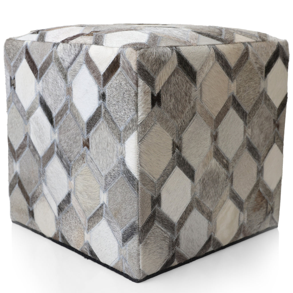 Handmade Diamond Patchwork Cowhide Leather Ottoman Pouf 18x18 Neutral