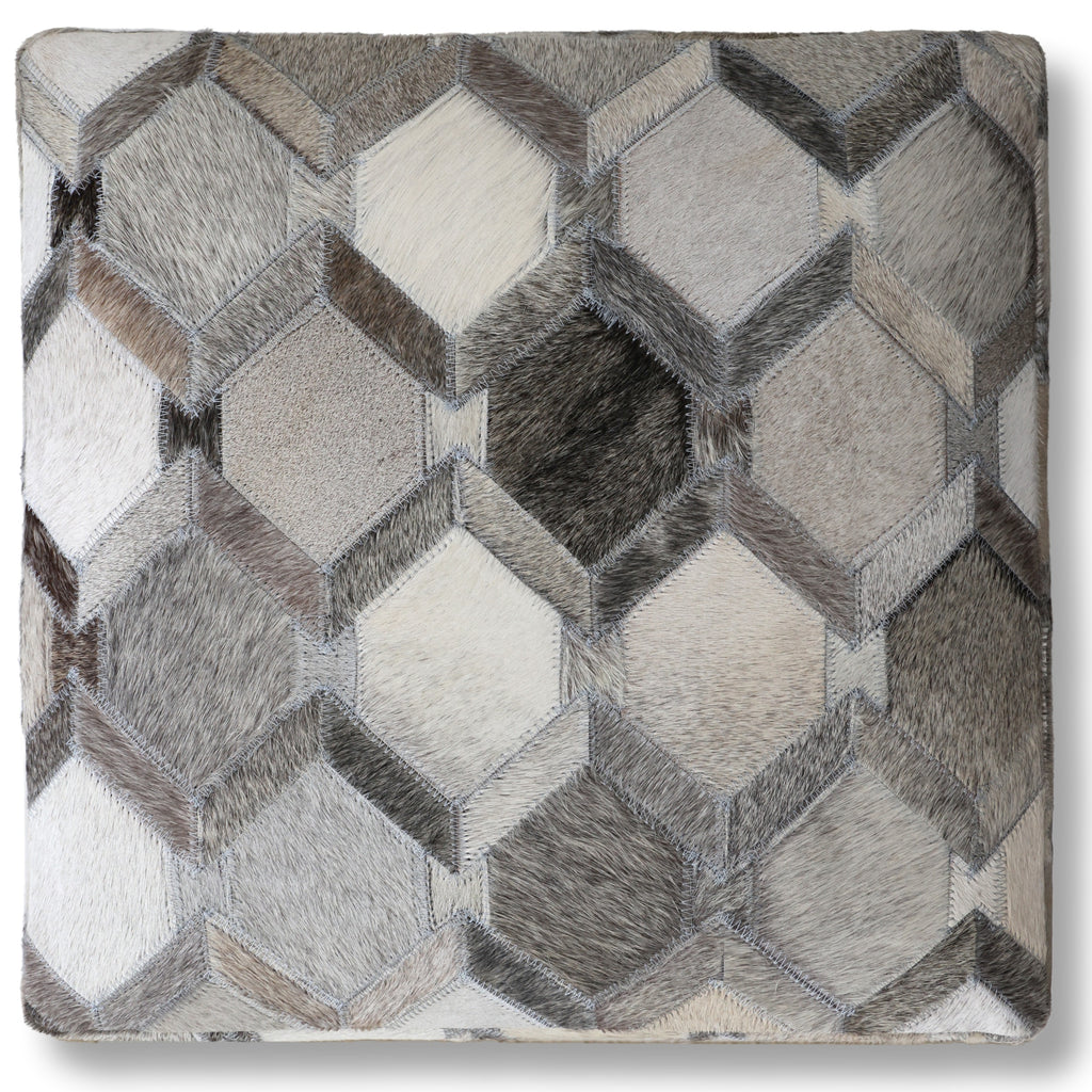 Handmade Diamond Patchwork Cowhide Leather Ottoman Pouf 18x18 Neutral