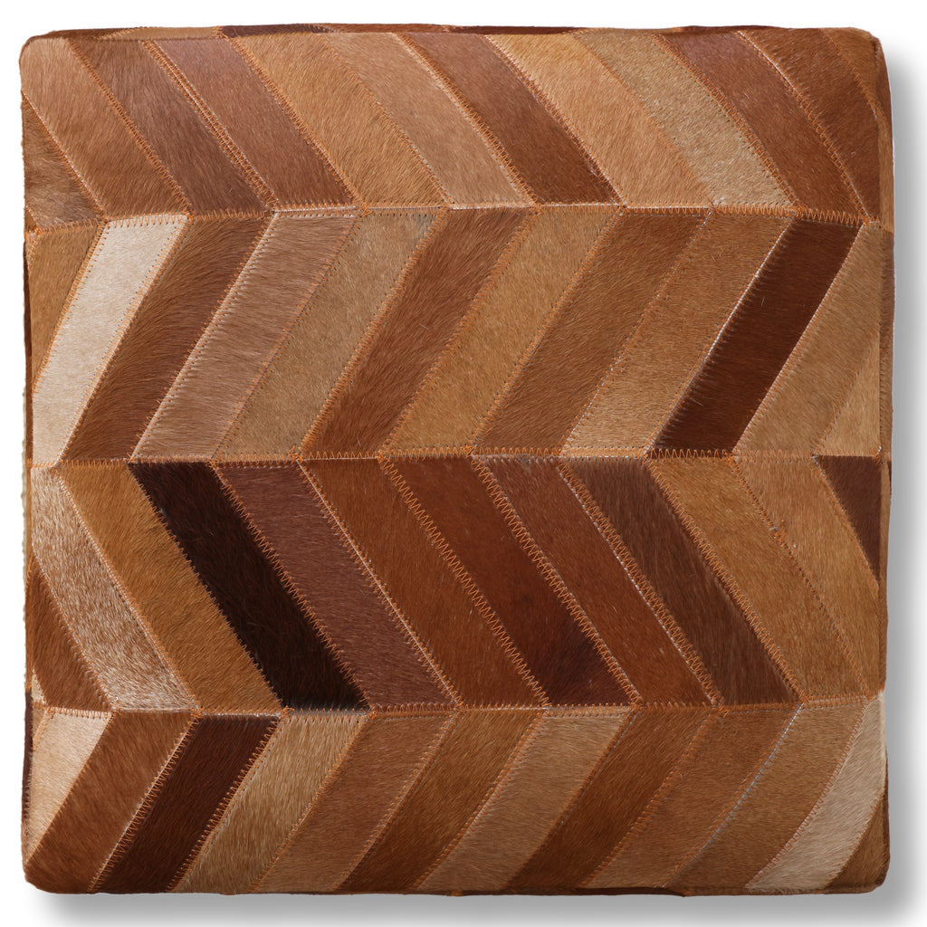 Handmade Tan Chevron Cowhide Leather Ottoman Pouf 18x18 Warm Cube