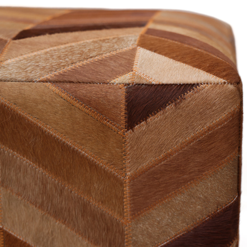 Handmade Tan Chevron Cowhide Leather Ottoman Pouf 18x18 Warm Cube