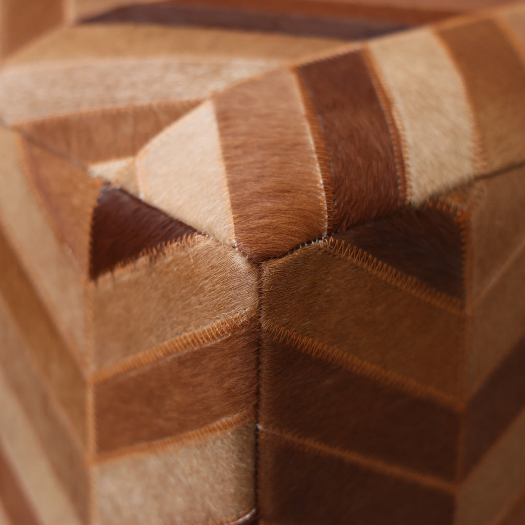 Handmade Tan Chevron Cowhide Leather Ottoman Pouf 18x18 Warm Cube