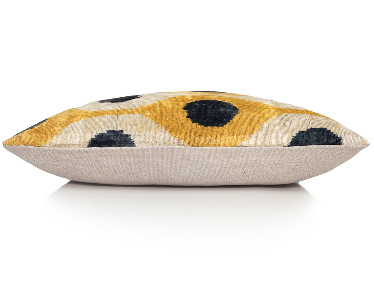 Handmade Yellow & Navy Ikat Velvet Lumbar Pillow 16x24 | Modern Artisan Accent