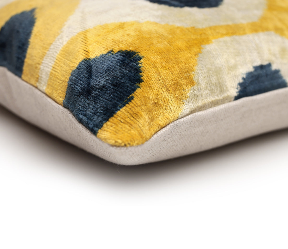 Handmade Yellow & Navy Ikat Velvet Lumbar Pillow 16x24 | Modern Artisan Accent