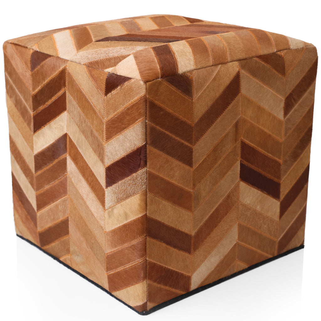 Handmade Tan Chevron Cowhide Leather Ottoman Pouf 18x18 Warm Cube