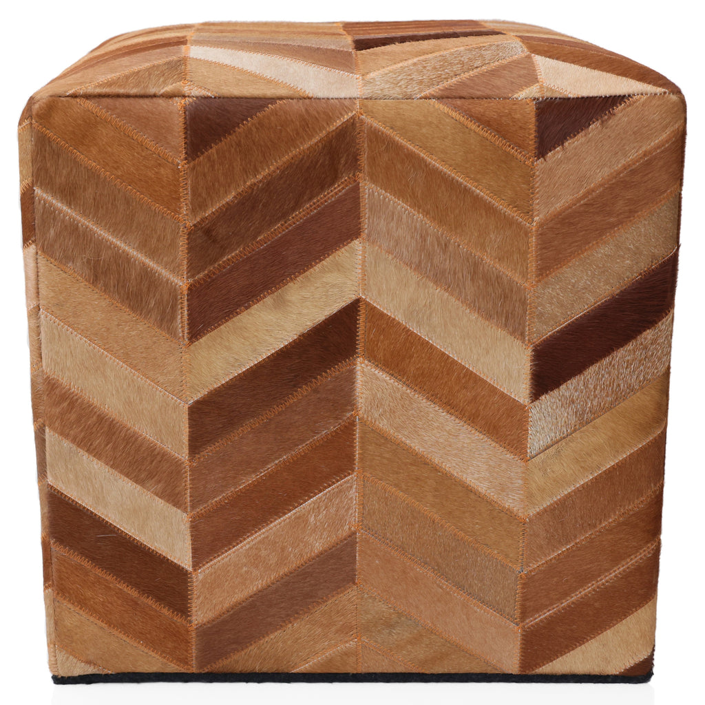 Handmade Tan Chevron Cowhide Leather Ottoman Pouf 18x18 Warm Cube