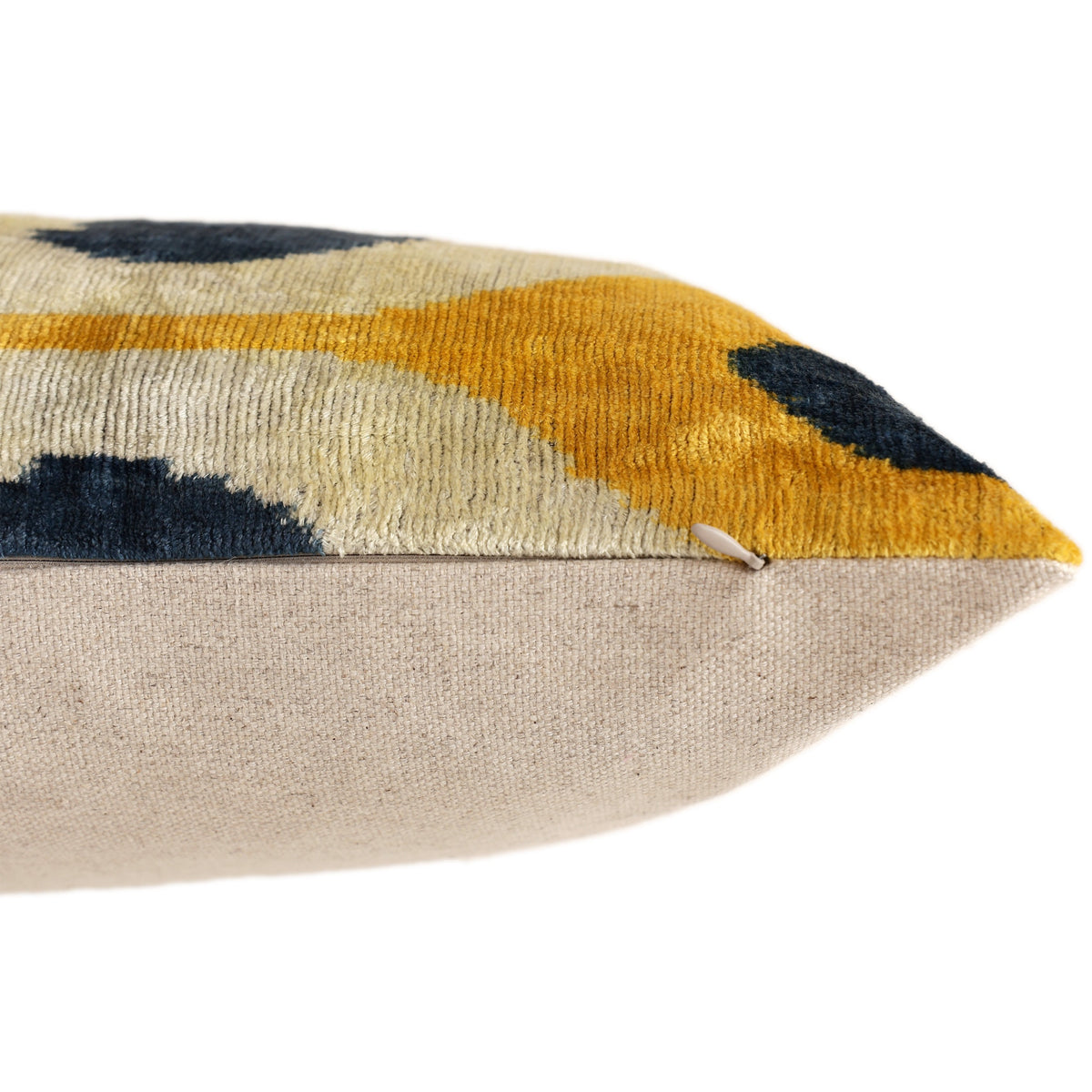 Handmade Yellow & Navy Ikat Velvet Lumbar Pillow 16x24 | Modern Artisan Accent