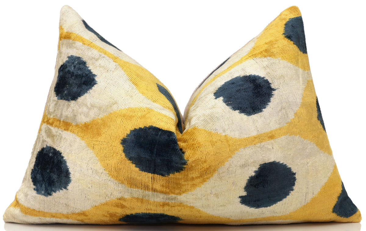 Handmade Yellow & Navy Ikat Velvet Lumbar Pillow 16x24 | Modern Artisan Accent
