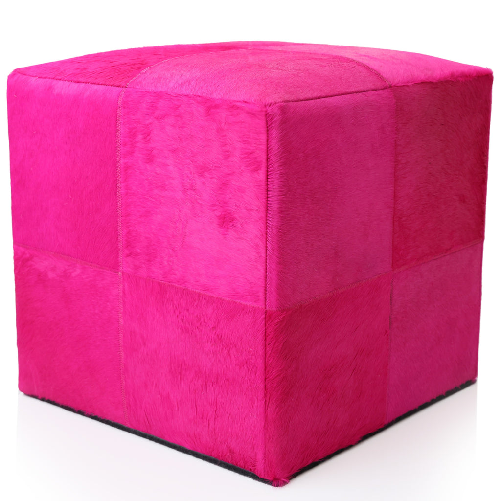 Handmade Fuchsia Cowhide Leather Ottoman Pouf 18x18 Statement Cube